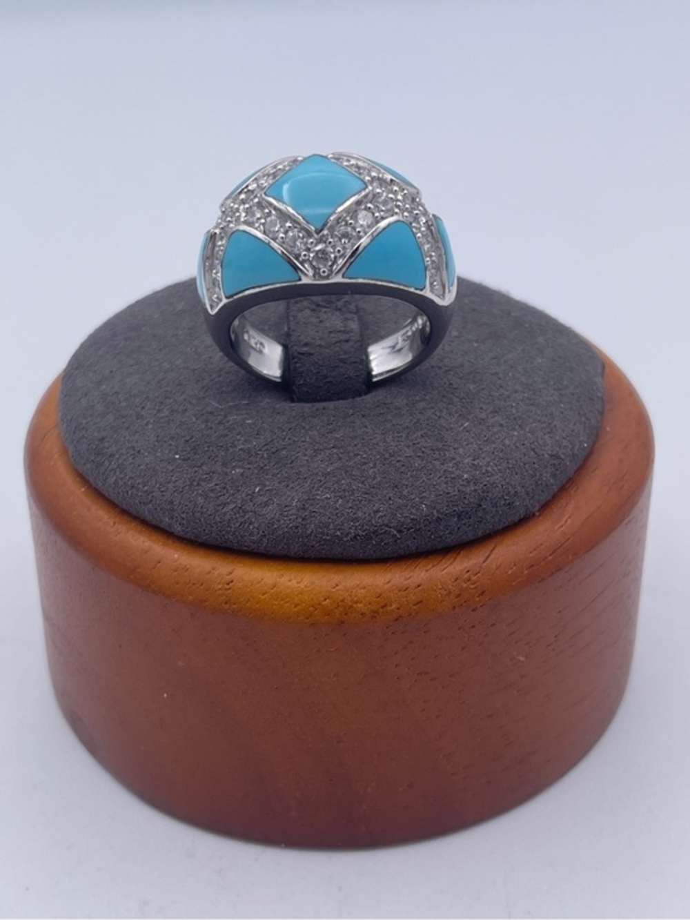 Eric Grossbardt Sterling Silver 925 Turquoise Inlay CZ Dome Ring Luxury Size 7